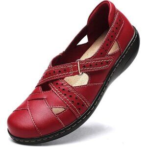 Brand New Women Red Leather Comfort Loafers Slip On Walking Flats Shoes